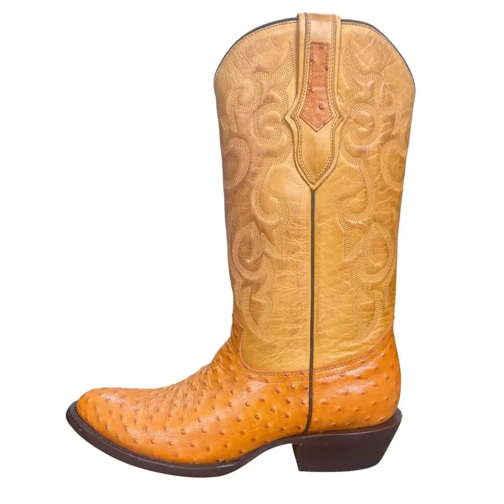 Soto Boots Ostrich Print Yellow Cognac Wide Cowboy Boots Size 10 EE